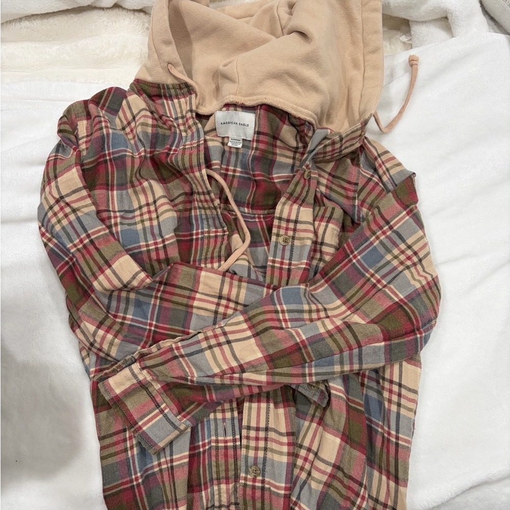 American Eagle Outfitters Plaid Jacket with Tan Hood